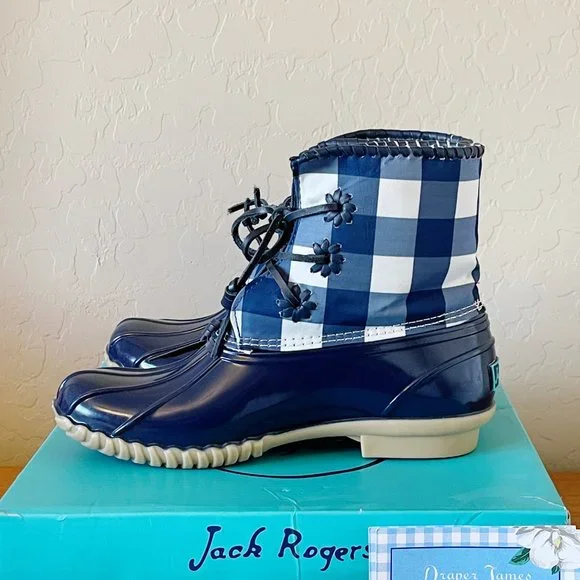 Jack Rogers Draper James 6 Chloe Midnight Blue White Gingham Check Boots Rare! - Picture 6 of 9